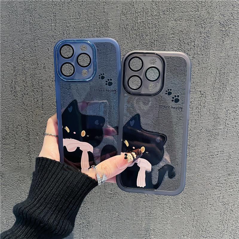 Scarf Black Cat for Apple 17pro Phone Case for IPhone 16pm Metal Frame 15 Creative 14plus