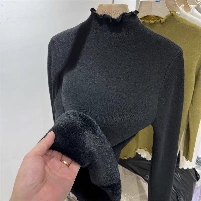 Solid Retro Plus Velvet Padded Knitted Bottoming Shirt Women Autumn Winter New Fashion Long Sleeved Tops Casual Pullover