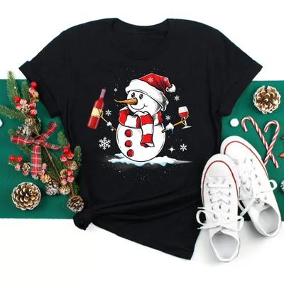 Women Wine Glass Christmas Hats Black T Shirt Christmas Xmas Gifts Cartoon Top Tshirt Harajuku Fashion New Year T-shirt