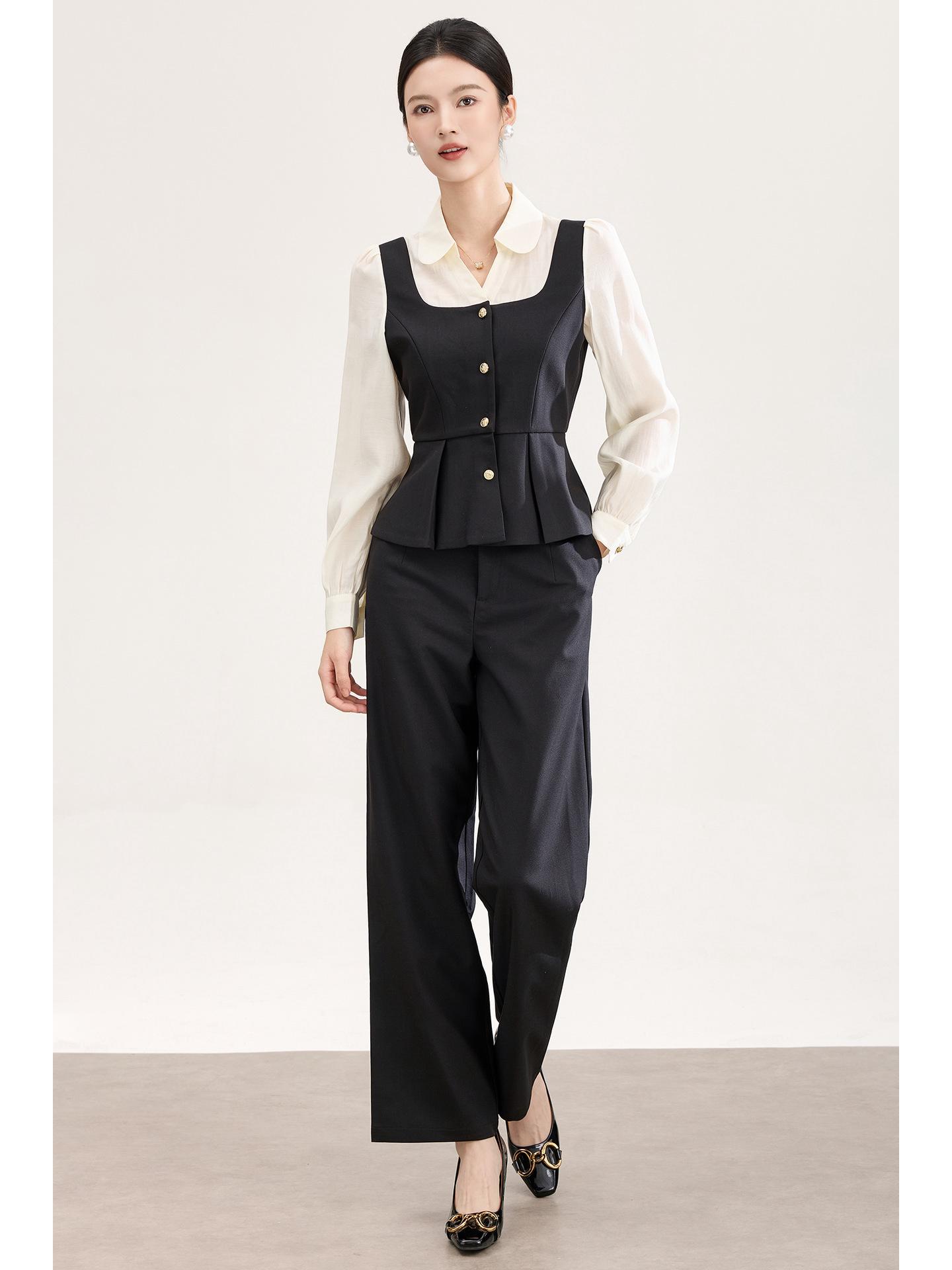Women’s Petite French Style Two-Piece Set: Color Block Waist-Cinched Top & Casual Pants Medium чёрный