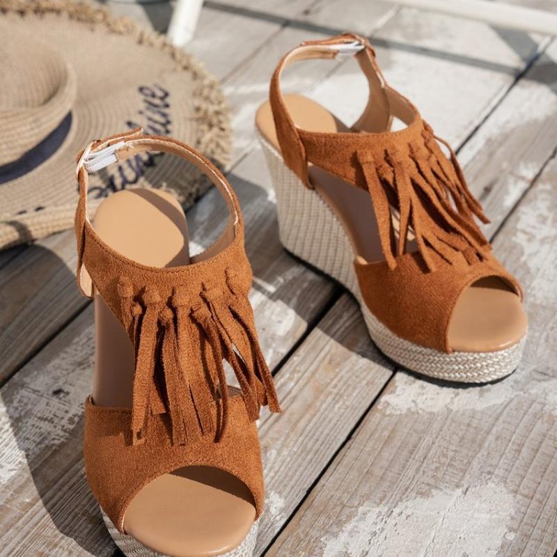 

Fashion Women Wedges Size 36-43 Summer 2025 Flock Sandal Tassel Decorate Ankle Strap Men Casual Dress Platform Shoes 36 коричневый