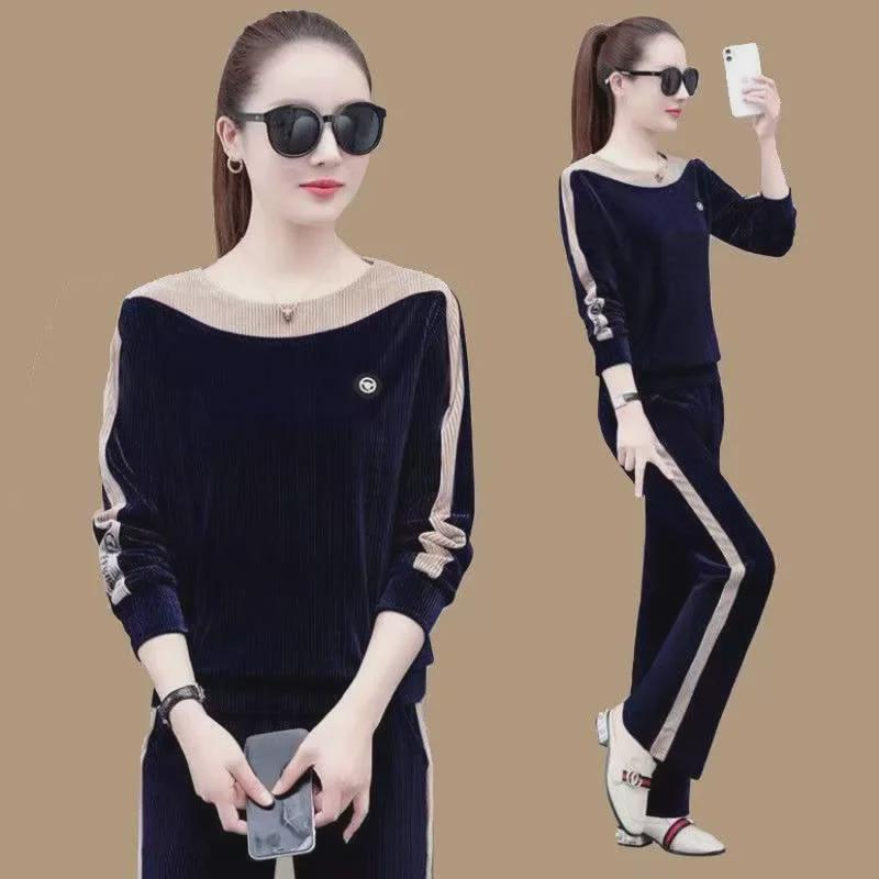 Costum Sport Damă Catifea Aurie: Set elegant, casual din două piese pentru primăvara și toamna 2024