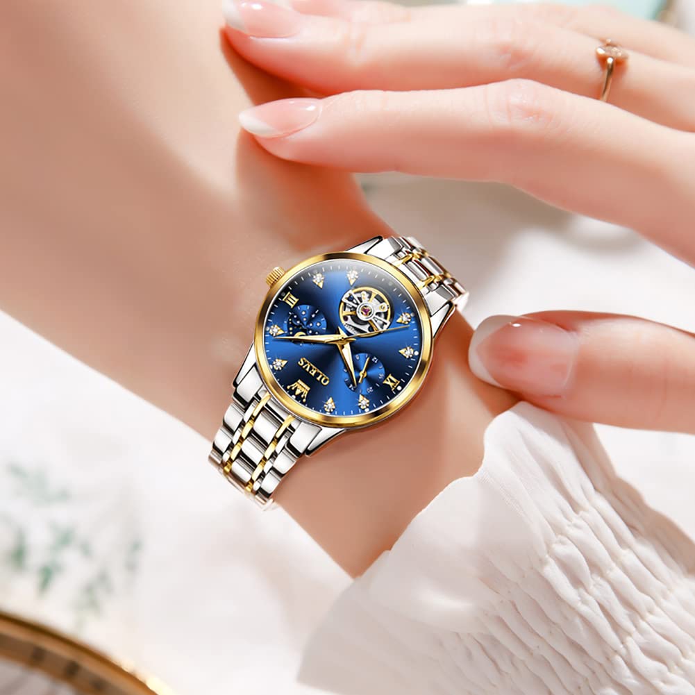 OLEVS Women's Automatic Mechanical Watch, Cute, Waterproof, Luminous, with Diamonds, Date Display, Blue, Gold & Blue, L6608