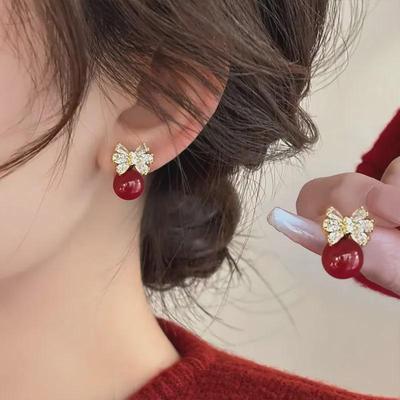 Hochwertige rote Diamant-Perlen-Schleifenohrringe mit 925er Silbernadeln – Luxus-Modeschmuck