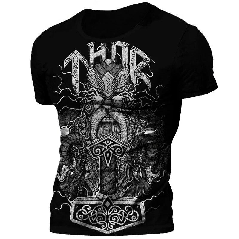 Retro Viking Tattoo 3D Print Men's T-shirts Summer Viking Odin Crew Neck Loose Short Sleeve Casual Tops Tees Oversized T Shirts