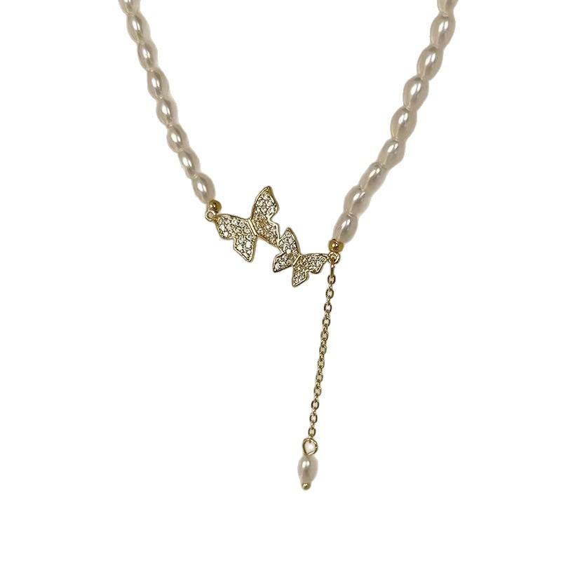 Retro light luxury butterfly pearl necklace women's pendant niche design high sense temperament collarbone neck chain choker