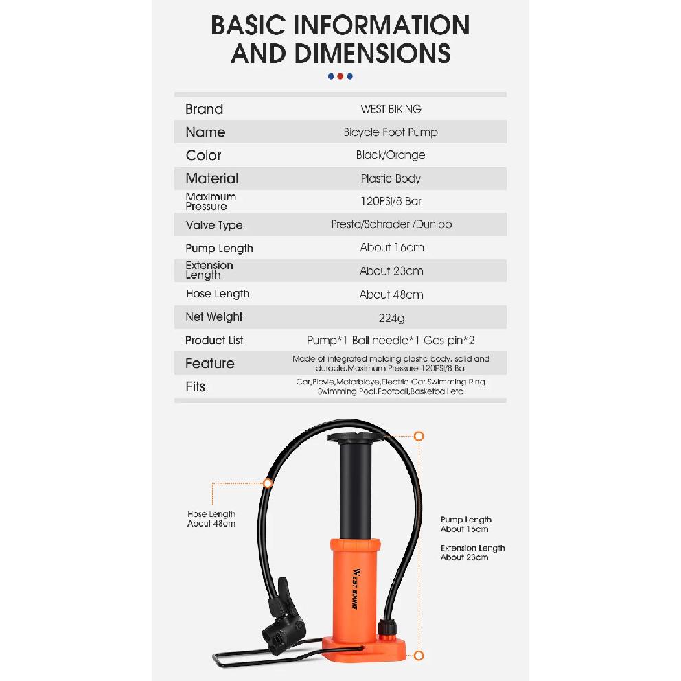 WEST BIKING Ultralight Portable Bike Pump MTB Road Bicycle Foot Pump Presta & Schrader Valve Cycling Tire Air Inflator With Hose