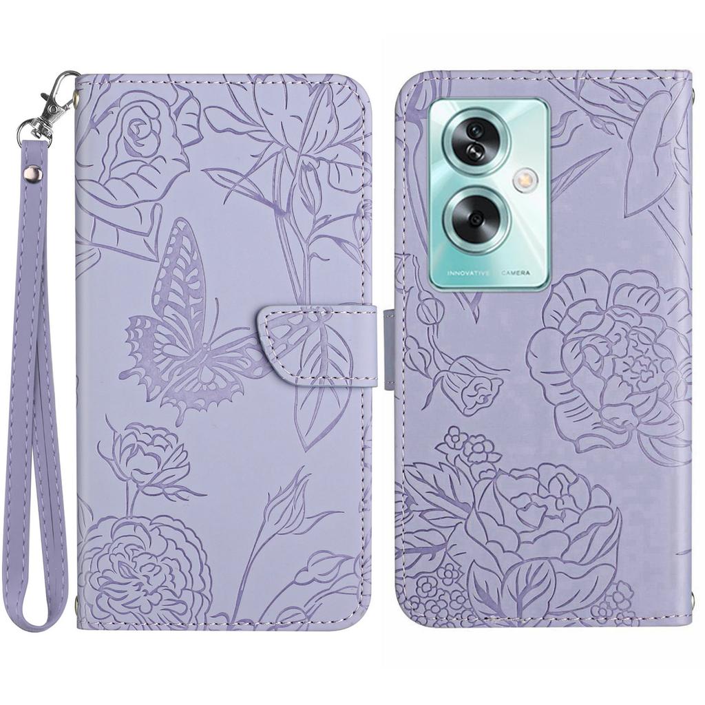 HT03 For Oppo A59 5G Wallet Leather Case Butterfly Flower with Hand Strap
