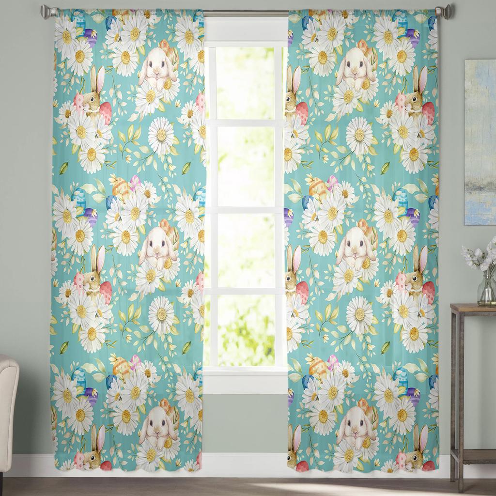 Easter Egg Rabbit Flowers Tulle Curtains For Living Room Bedroom Voile Sheer Curtain Window Home Decor Drapes