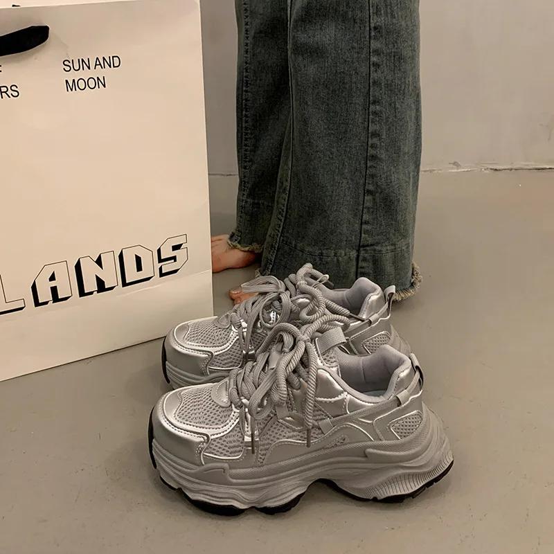 Chunky Platform Sneakers for Women Spring Fashion Thick Sole Vulcanized Shoes Woman Non Slip Mesh Breathable Casual Sports Shoes