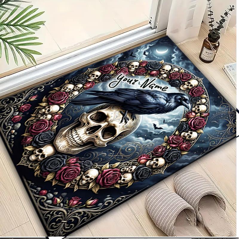 1PC Custom Name Raven Skull Roses Moon Night Theme Floor Mat Ideal for Living Room, Game Rooms, Office, Bedroom,Floor Mat Playful Design