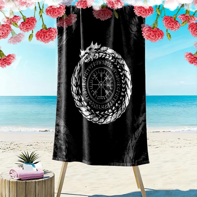 Nordische Mythologie Drachen und Runen 2D Flachdruck Strandtuch, Großes Weiches Schnelltrocknendes Handtuch für Strand Camping Schwimmen. NSTJ0928211