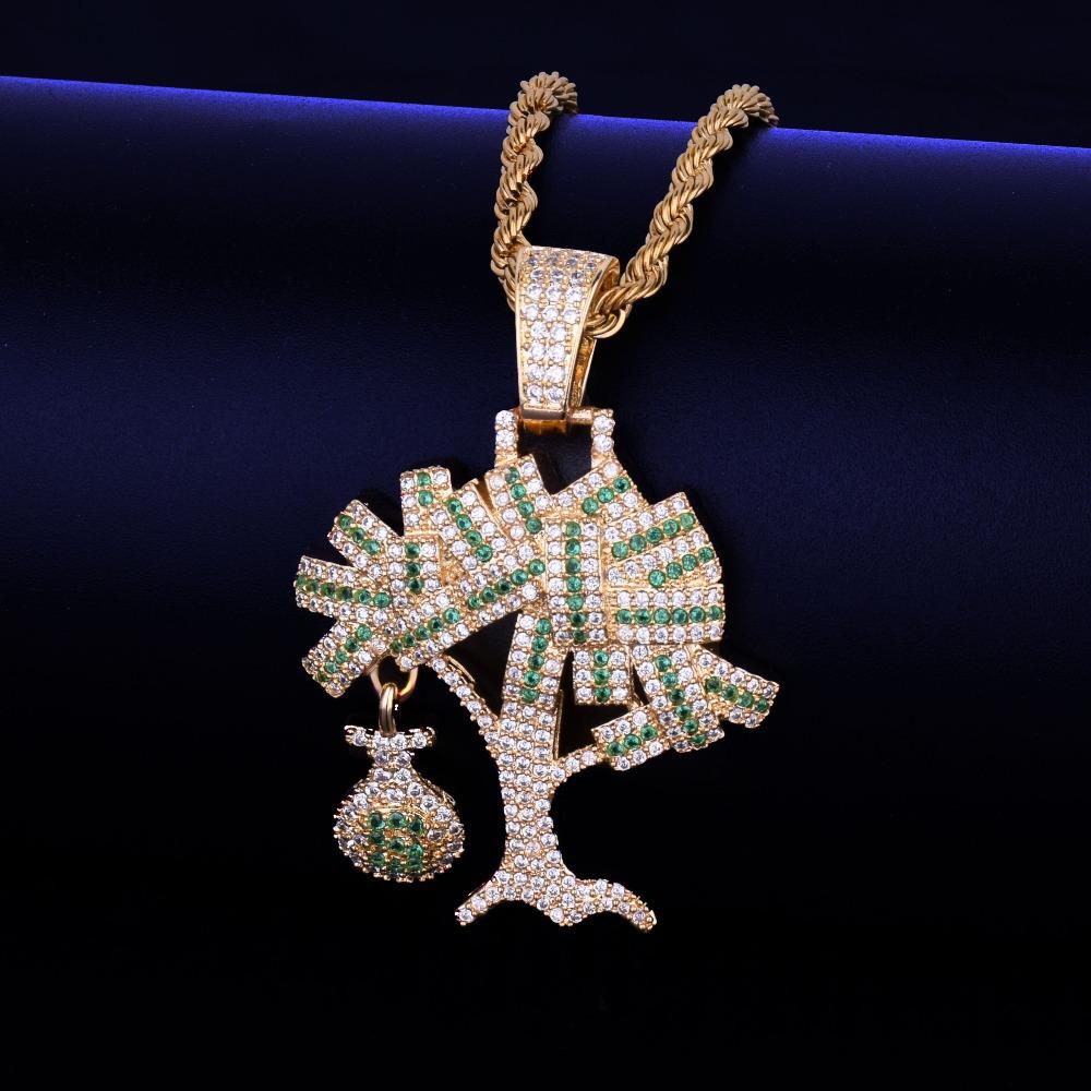 Hot Selling Micro Inlaid Zircon Dollar Wealth Tree Men Hip op Pendant Necklace with Seven Beads