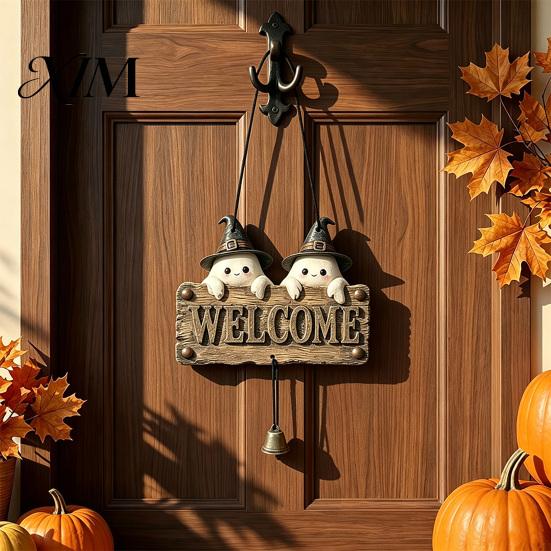 Rustic Holiday Door Sign Halloween Wooden Welcome Hanging Sign, Vintage Farmhouse Hanger with Skeleton Pumpkin Seasonal Window Ornament Ghost,