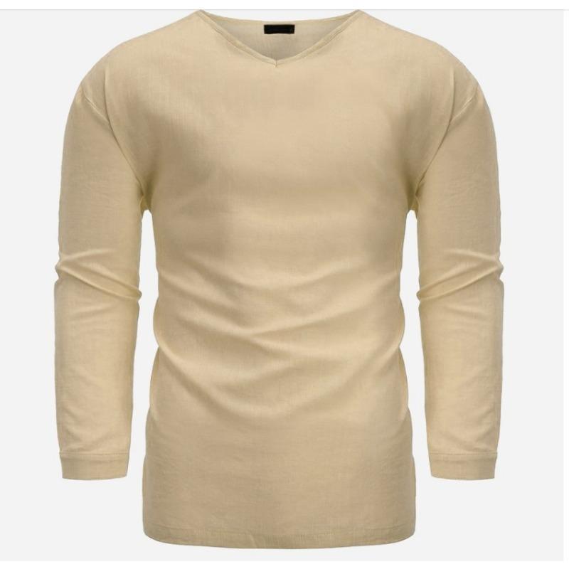 Camisa de Manga Larga con Cuello en V de Algodón Lino para Hombre de Corte Holgado