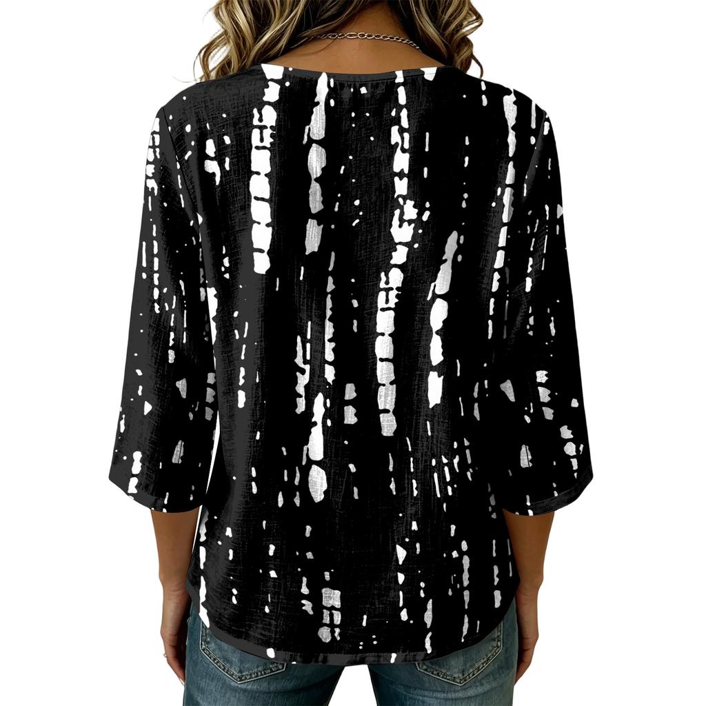 Women's Casual Floral Print Round Neck Three Quarter Sleeve Linen Cotton Blouse Lightweight Loose Fit Top for Everyday Wear