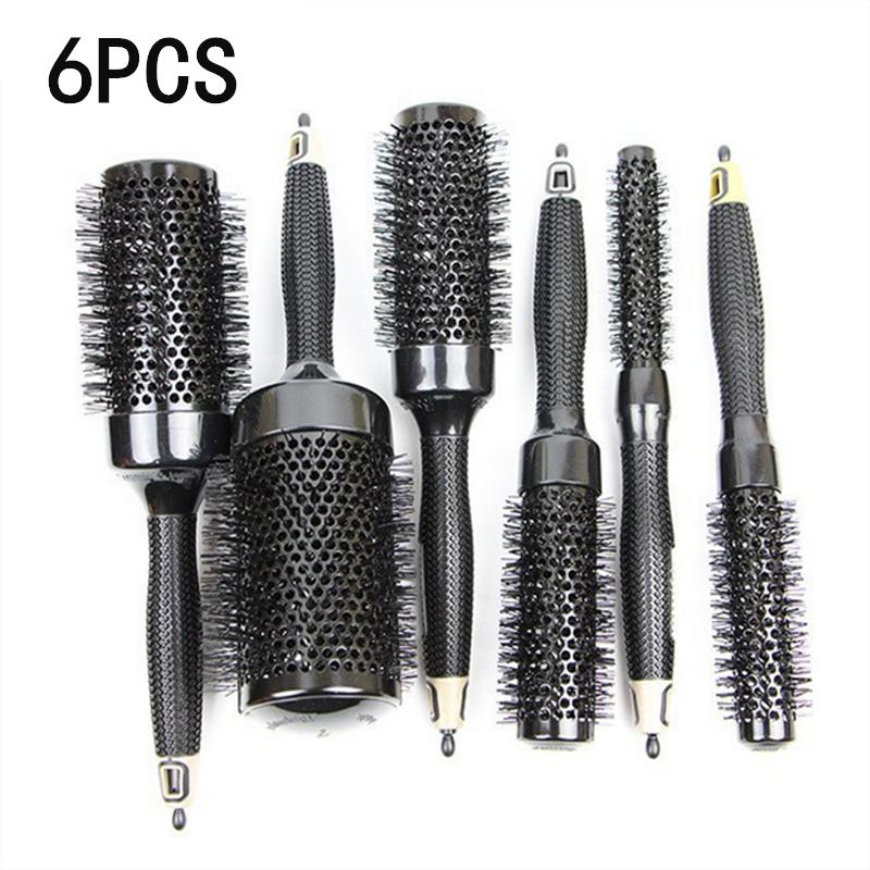 6pcs/Set Professional Black Boar Bristles Hair Brushes Set Anti-Static Round Hairdressing Comb Barber Salon Styling Tools