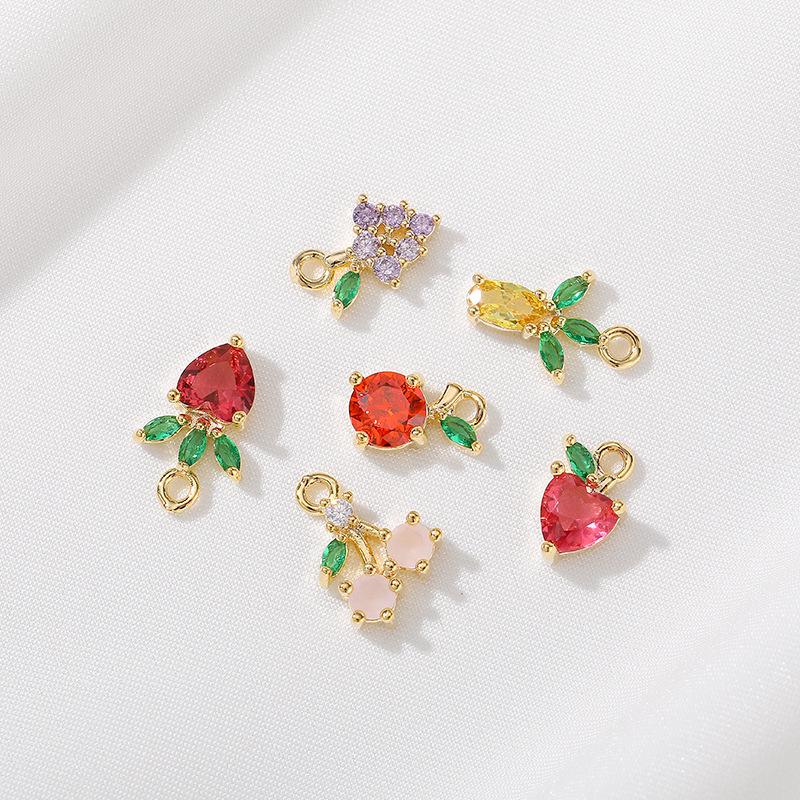 Color-Preserving 14K Gold Plated Zircon Fruit Series Charm Pendant for DIY Bracelets: Strawberry, Pineapple, Grape