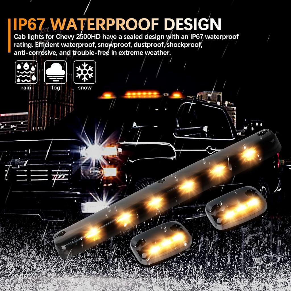 3X LED Cab Marker Lights Smoked Lens Amber Cab Top Roof Running Light Assembly Compatible with Silverado/Sierra 1500 2500 2500HD 3500 3500HD 2014