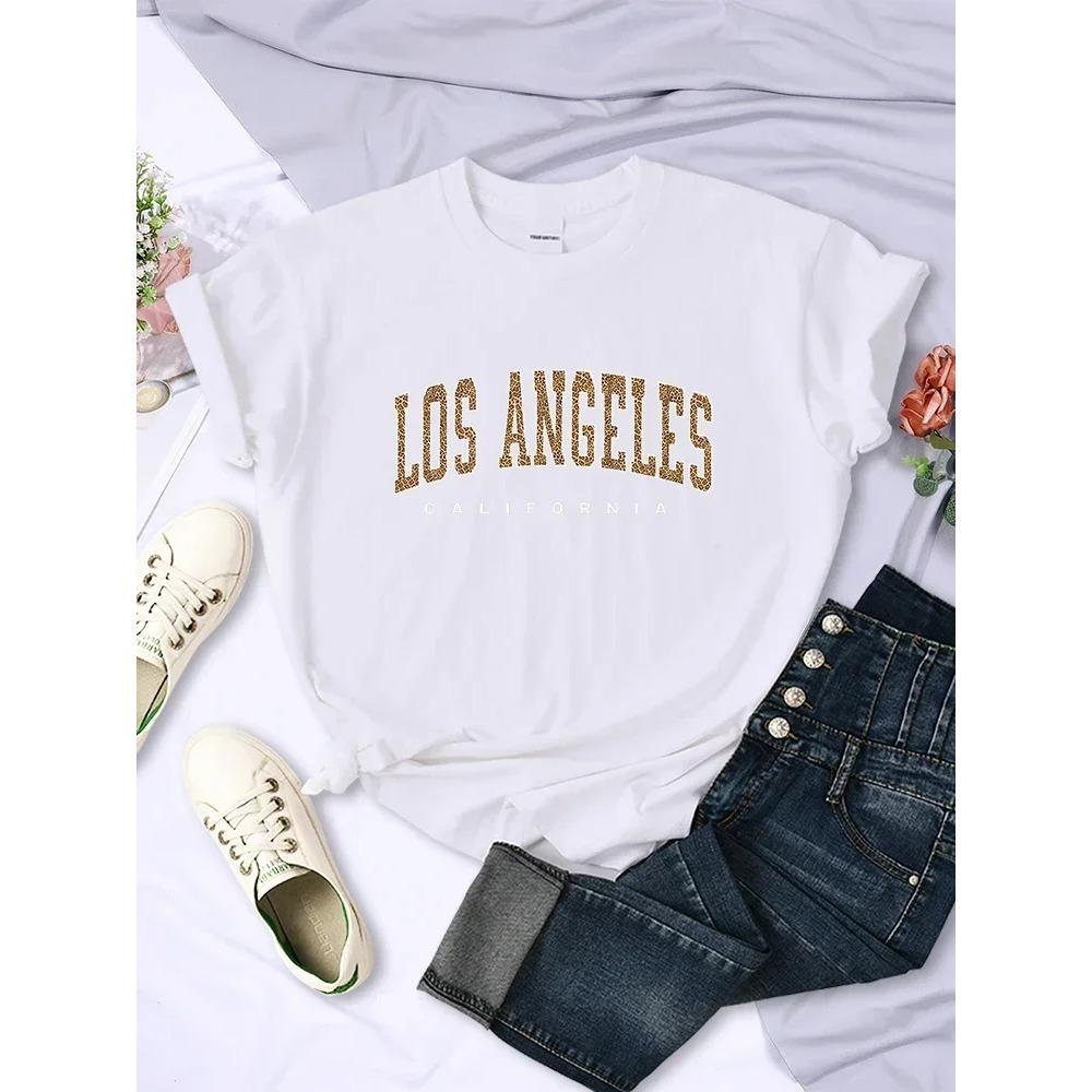 Female T-Shirt Women Los Angeles California USA City Leopard Print Casual Fashion Short Sleeve Breathable Soft T Shirts