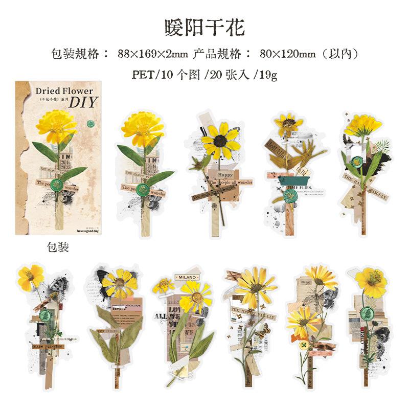 20 Pieces 3D Lifelike Dried Floral Stickers Vintage Botanical Patterns No-Residue For Album Gift Box Embellishment