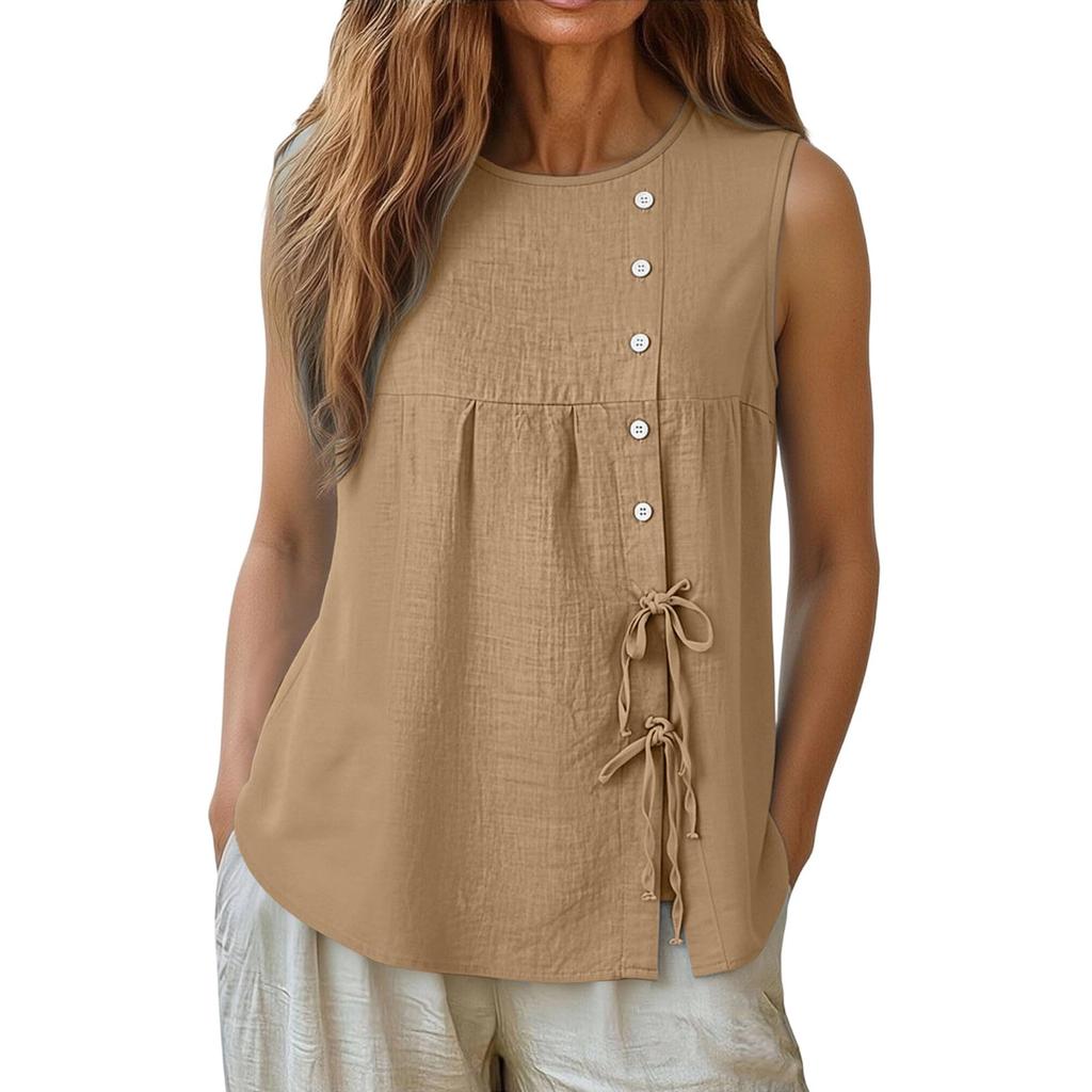 Women Loose Sleeveless Blouses Casual Tie Side Linen Tank Tops