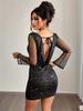 Women's Sexy Backless Sequin See-through Long Sleeve Slim Short Dress - Elegant Cross-border Design