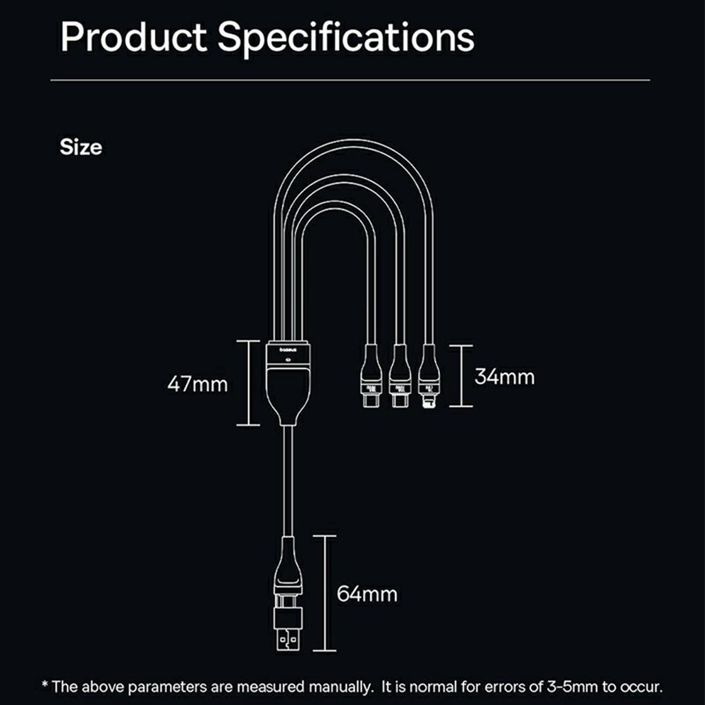 BASEUS Flash Series 3 Two-For-Three Fast Charging Cable USB+Type-C to Type-C+Type-C+Lightning 100W 1.5m,Black