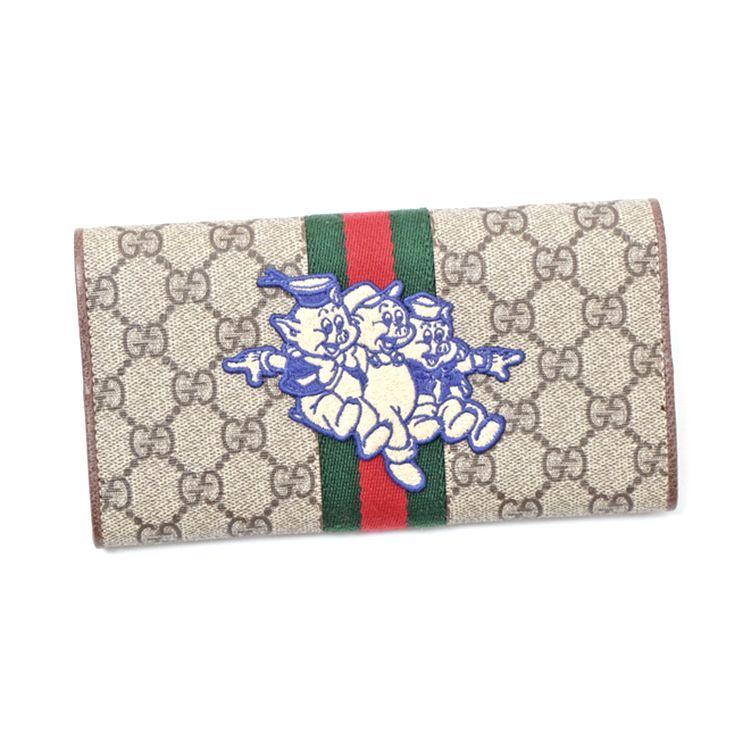 Gucci Ophidia Tre Porcellini Stampa Logo Striscia Web Lunga Patta Tela Pelle Borsa Portafoglio Portafoglio Unisex Beige 557803-9U8KT-8748