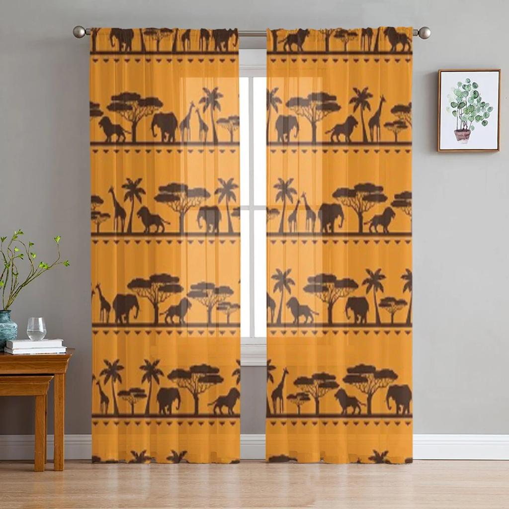 African Ethnic Lion Elephant Giraffe Tree Tulle Sheer Curtains for Living Room Bedroom Kitchen Decoration Voile Organza Curtains