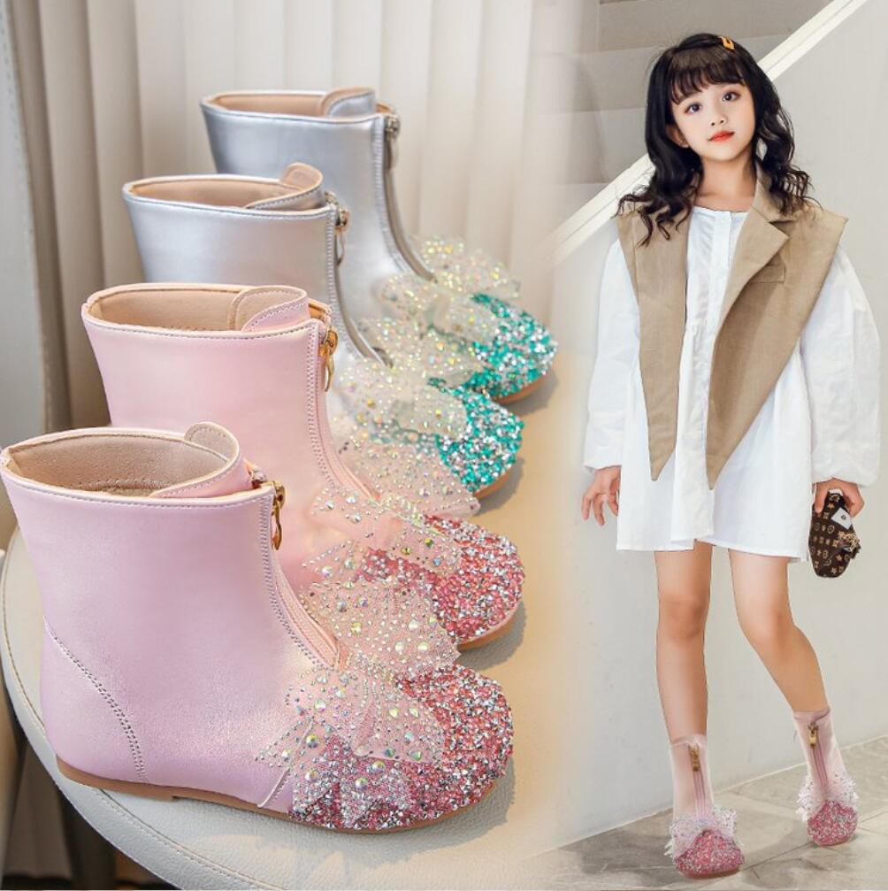 Mode 2024 Kinderstiefel Mode Mädchenschuh Mode Pailletten Schleife Prinzessin Chelsea Boots Prinzessin Mädchen Baby Wasserdicht Rutschfest Party Stiefel