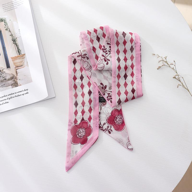 Summer French Retro Pink Tied Hair Small Floral Long Silk Scarf Headband Braided Hair Chiffon Thin Ribbon Scarf