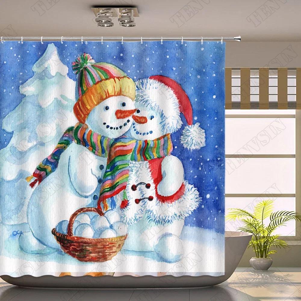 Christmas Shower Curtain Sets Vintage Red Truck Xmas Ball Pine Tree Snowman Winter New Year Gift Bathroom Decor Bath Curtains