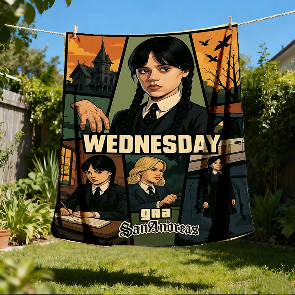 1pc Wednesday Addams Outdoor Flannel Blanket Gift For Boys Girls Adults, Family Friends