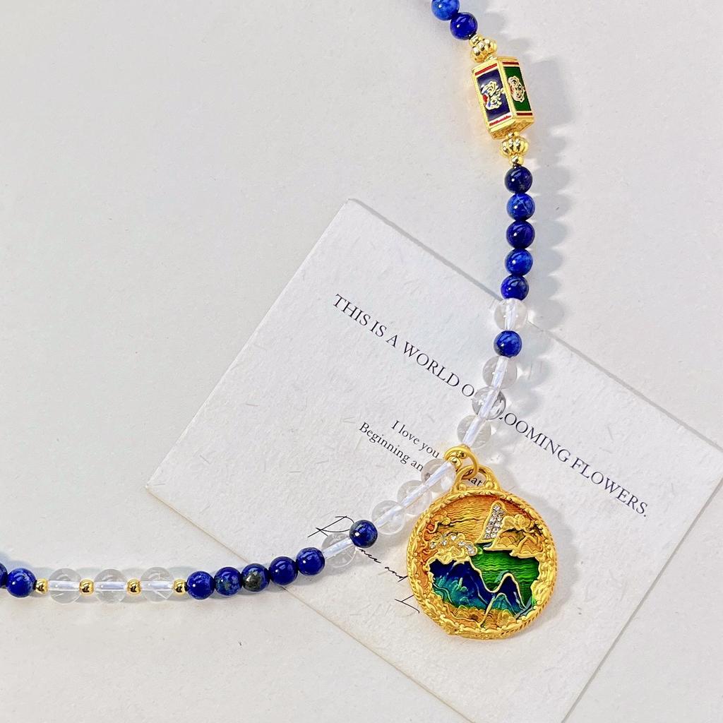 Design Sense Natural Lapis Lazuli White Crystal Design Sense Sweater Chain Pendant Necklace