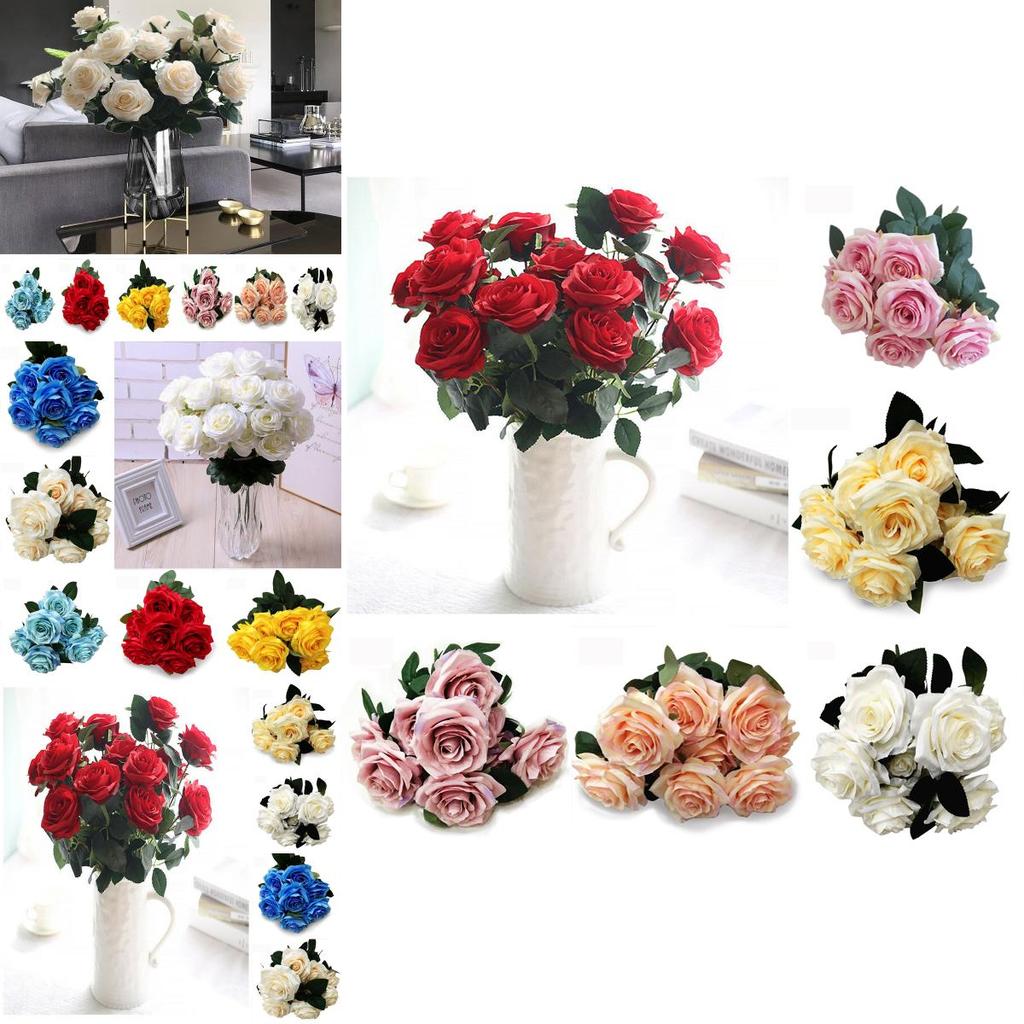 Elegant 10 Heads Silk Rose Artificial Flowers Bouquet For Wedding And Home Decor