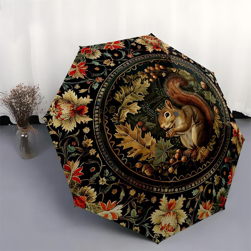 Squirrel, FloralThemed Automatic Opening and Closing Umbrella 8 Ribs, Suitable for Leisure and Going Out, Outdoor Accessory, Gothic Style,