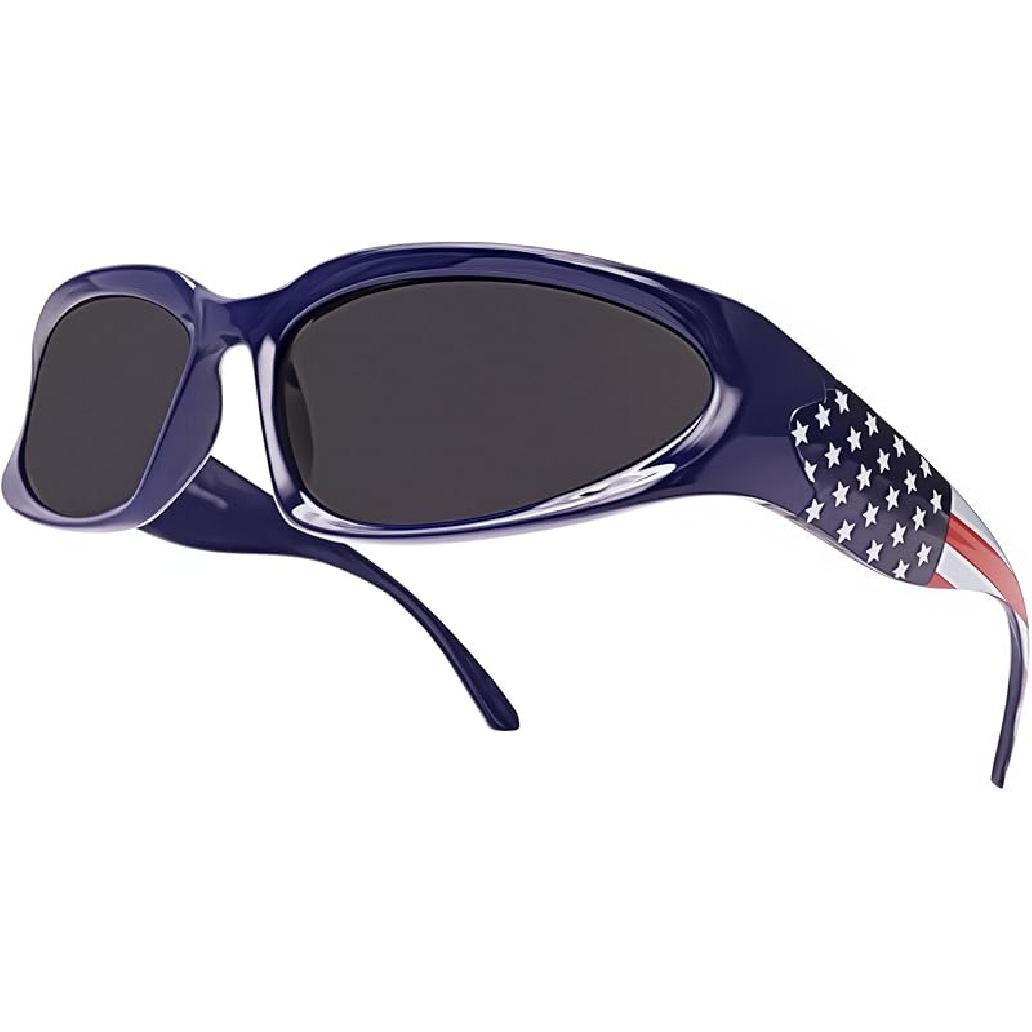 LASPOR Wrap Around Sport Sunglasses for Women Men Sport Shades Glasses Y2K Sunglasses American Flag Frame