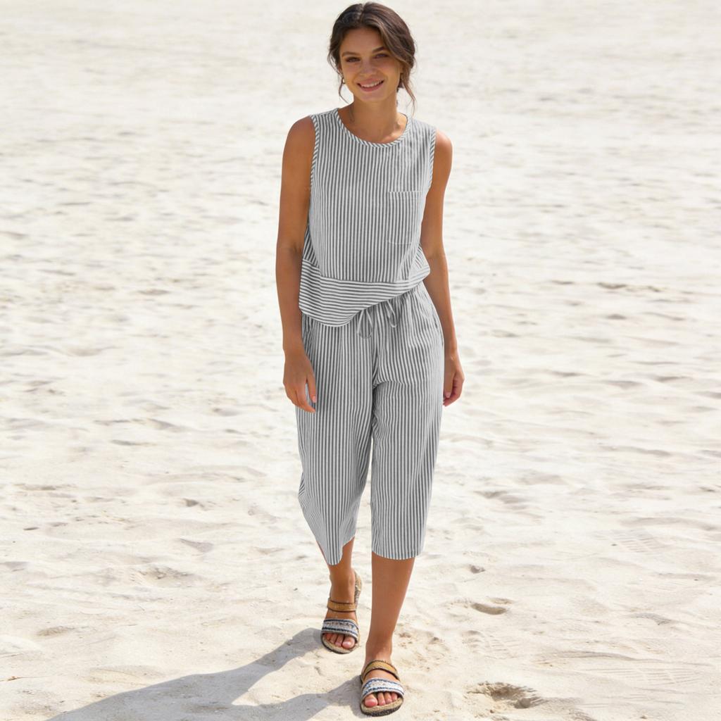 Womens  2 Piece Outfits Striped Sleeveless Top And Wide Leg Pants Sets