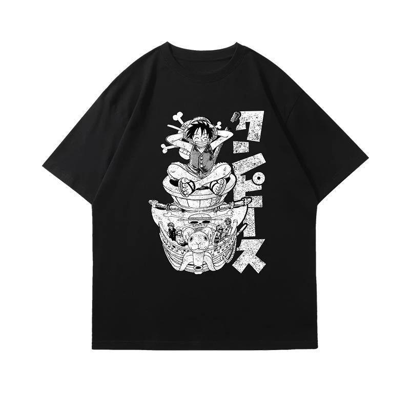 

One Piece Luffy Going Merry Vintage Manga Print Oversized T-Shirt Black Retro Anime Streetwear Unisex T-shirt 4XL