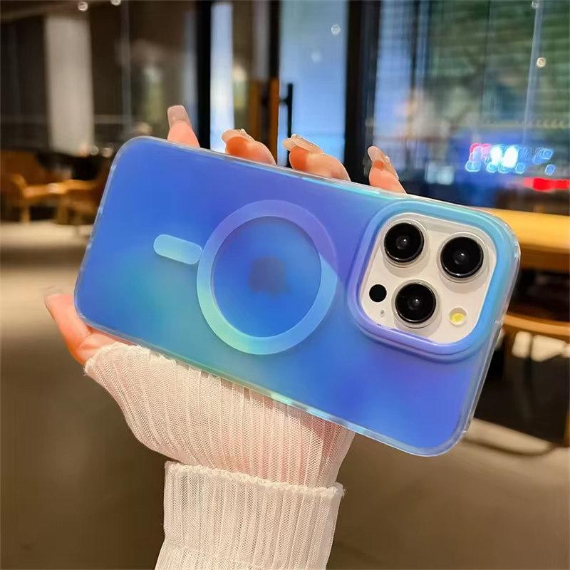 

Чехол Aurora Gradient Matte Magnetic для iPhone 16 15 14 Pro Max 16 Plus 13 Laser Colorful Rainbow для Magsafe Shockproof Cover iPhone 16 Pro Max синий
