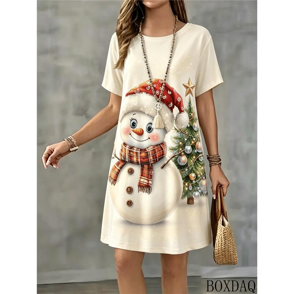 New Santa Claus Pattern Printed Women's Dress For Summer Christmas Casual Round Neck Short Sleeved Loose Pullover Dresses