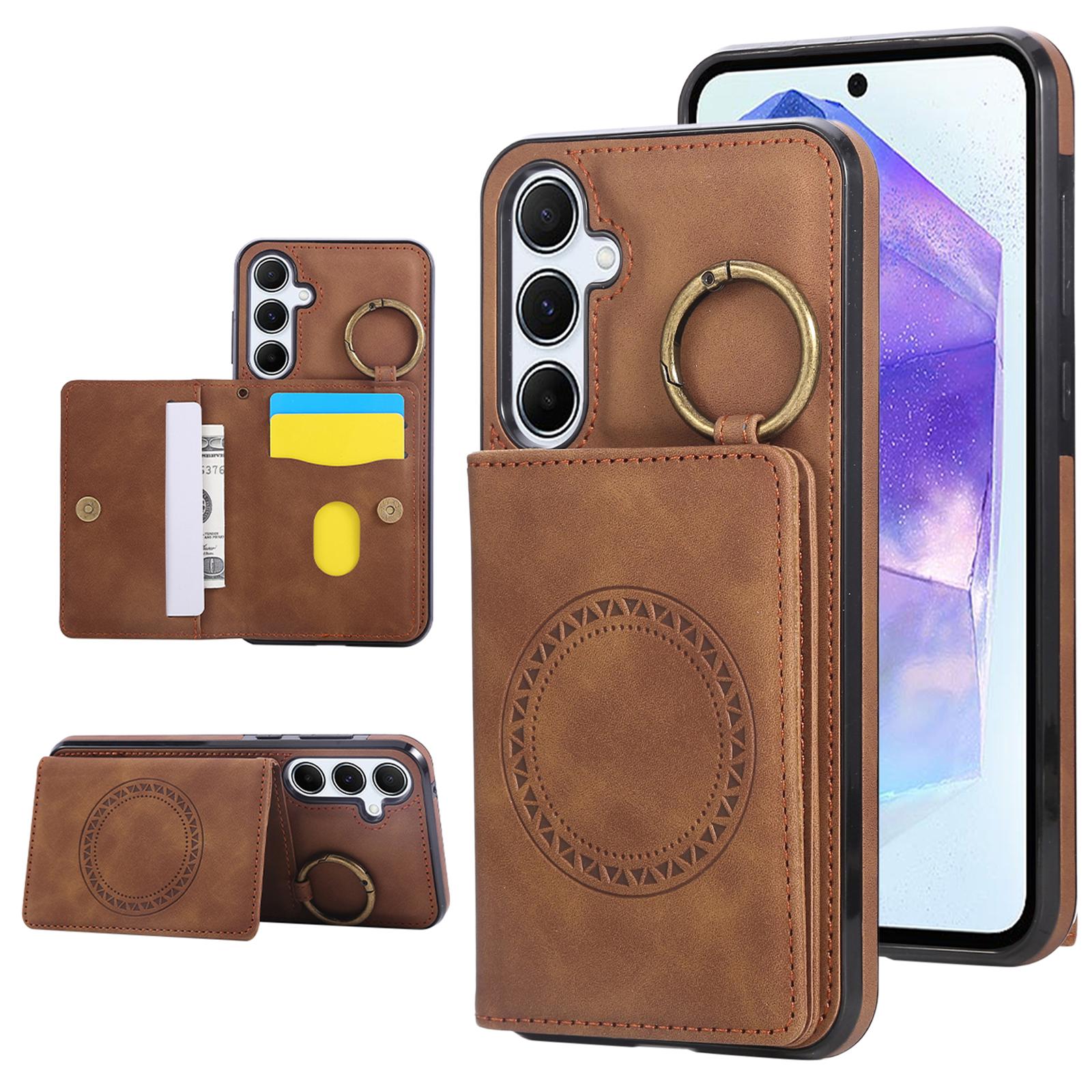 

For Samsung Galaxy A16 4G/5G Case Card Holder Kickstand Leather+TPU Phone Cover with Ring Holder Brown