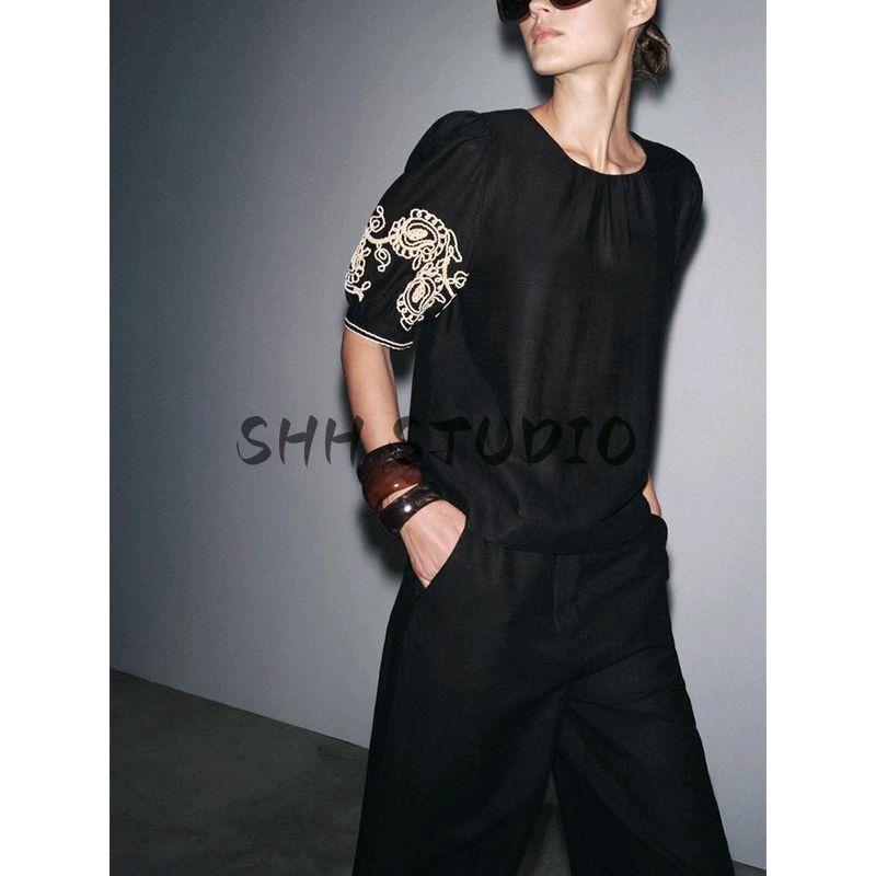 round Neck Short sleeve Linen Blend Embroidered Top 2731105 Mid Waist Wide Leg Casual Trousers 2731104