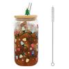 Color Changing Christmas Glass Cup with Lid Straw Brush Reusable Glass Iced Coffee Cup Cute Xmas Party Decorations for Mom Her