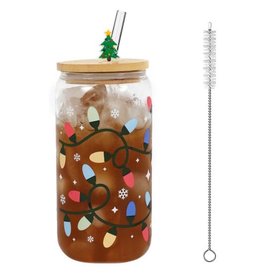 Color Changing Christmas Glass Cup with Lid Straw Brush Reusable Glass Iced Coffee Cup Cute Xmas Party Decorations for Mom Her