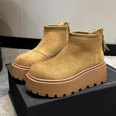 Mode Damenmode Keilabsatz Baumwollstiefel Winter Neu Runde Spitze Wildleder Reißverschluss hinten Dicke Sohle Rutschfest Kurze Schneestiefel