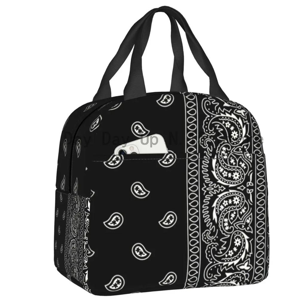 Schwarzweiß Paisley Chicano Bandana Stil Tragbare Lunchbox Damen Wasserdicht Kühler Thermisch Lebensmittel Isoliert Lunchtasche Schule