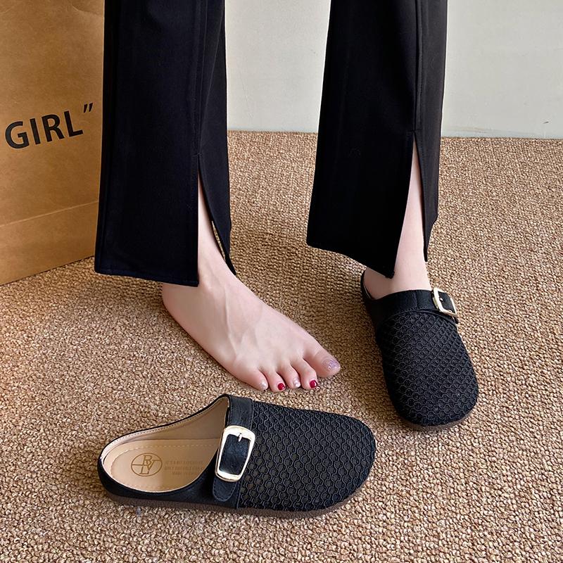 Fashion CRLAYDK Mule for Women Backless Loafers Slip On Mesh Hollow Out Flat Casual Walking Ladies Slides Closed Toe Buckle Slippers