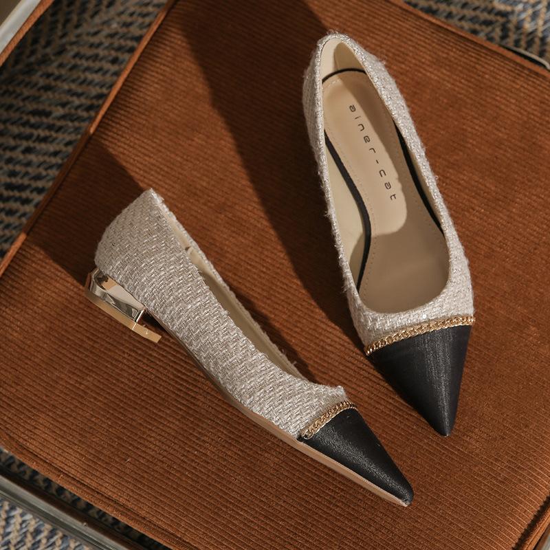 

2219 [sheepskin] pointed flat shoes women s autumn 2025 new thick heel color matching small fragrant wind low heel single shoes 40